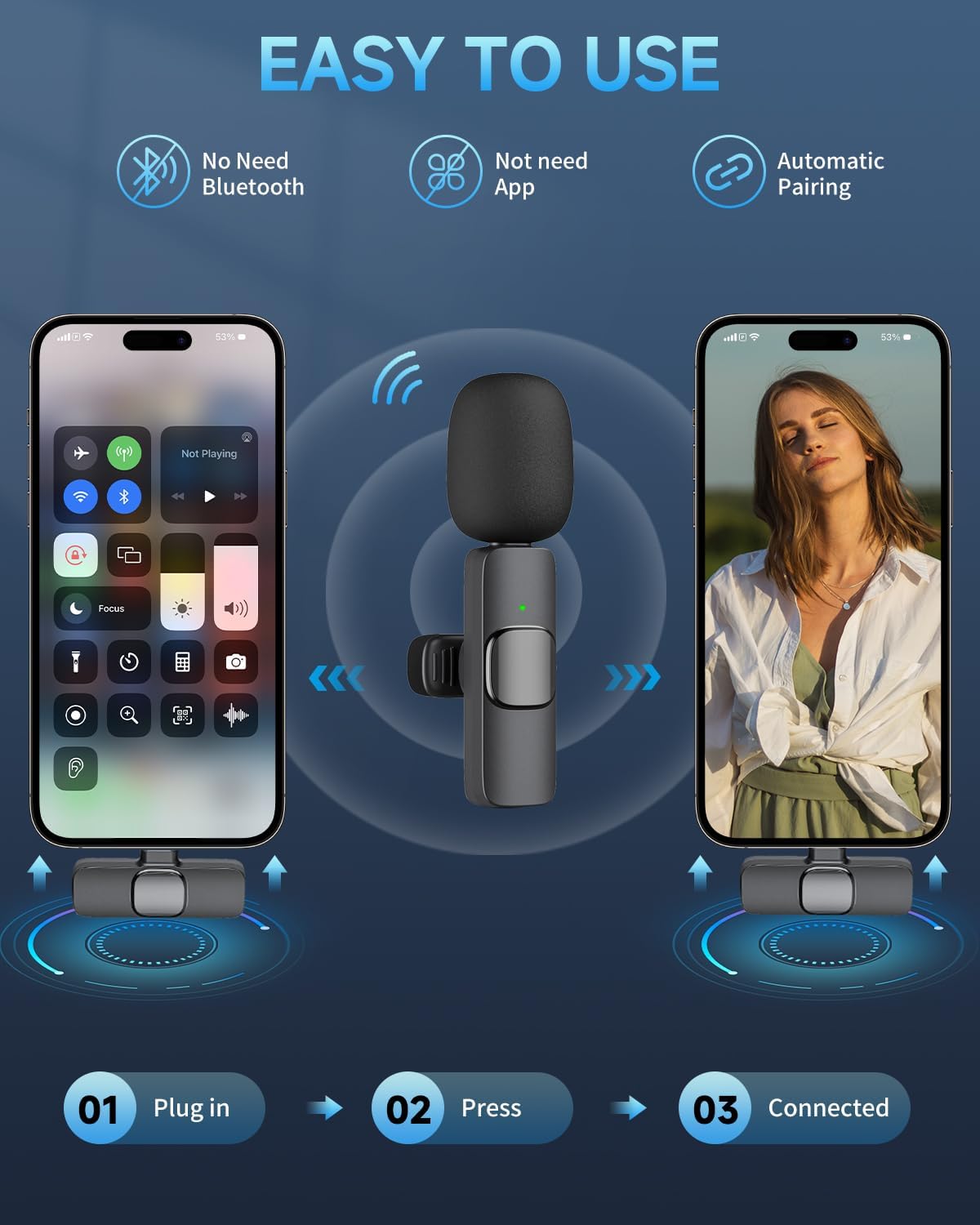 Micrófono corbata inalámbrico profesional para iPhone iPad, micrófono de clip omnidireccional inalámbrico, micrófono Plug-Play