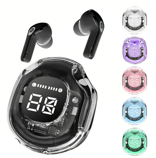 Audífonos Bluetooth con Diseño Transparente y Pantalla LCD – Estilo, Comodidad y Buen Sonido
