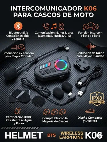 Auricular Bluetooth 5.3 para Casco de Moto K06A | IPX6 Impermeable | GPS + Llamadas Manos Libres | Ecuador