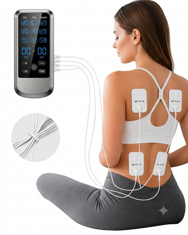 Masajeador Corporal de Pulso Electrónico TENS - 9 Modos, 30 Niveles, 4 Parches y Temporizador, USB-C | Ecuador